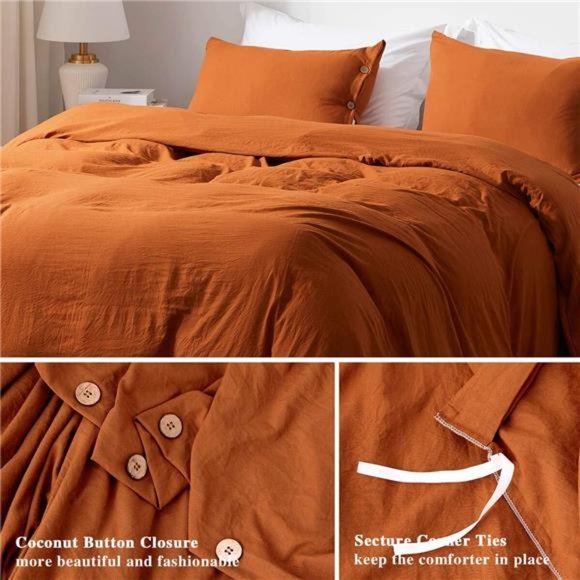 Home Queen Size Duvet Cover Set with Buttons Closure Umber, 3 Pieces Solid Color - Picture 4 of 6